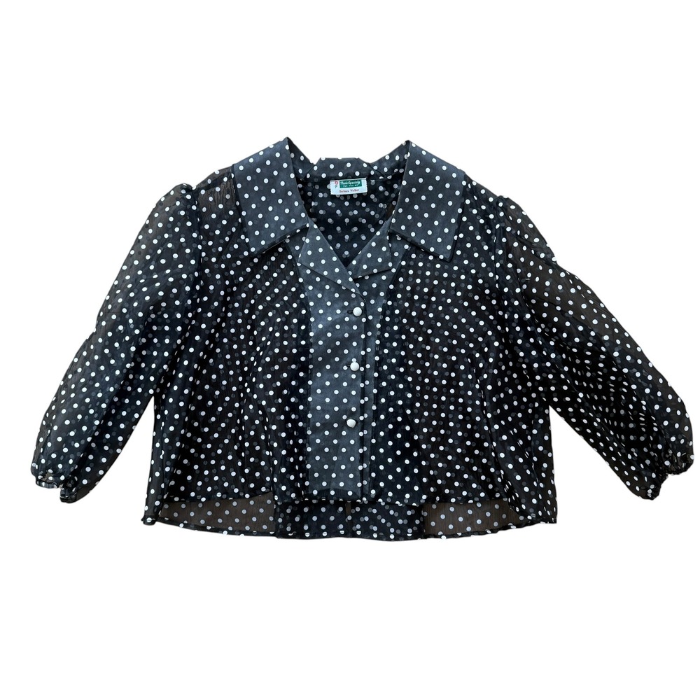 Vintage 70s 80s Sheer Polka Dot Blouse Balloon Sleeve Top XL Black White Office